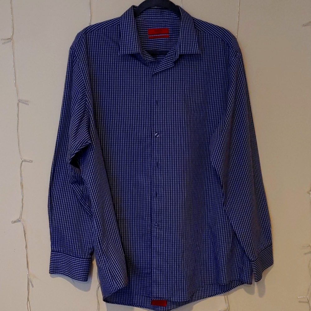 Alfani Men's Blue & Black Gingham Fitted Dress Shirt, XL